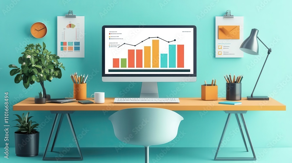 Poster a modern workspace featuring a computer displaying colorful graphs, a desk with plants, stationery, 