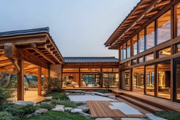 Modern Asian home, wooden deck, zen garden.