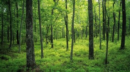 Fototapeta premium Serene Forest Scene: Lush Green Trees and Plants
