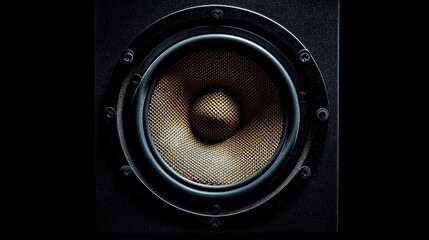 Detailed close-up of a sound speaker highlighting its textured grille and cone, set against a shadowy backdrop, emphasizing high-quality audio equipment.