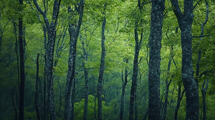 Fototapeta premium Enchanted Forest: Lush Green Trees in a Mystical Woods