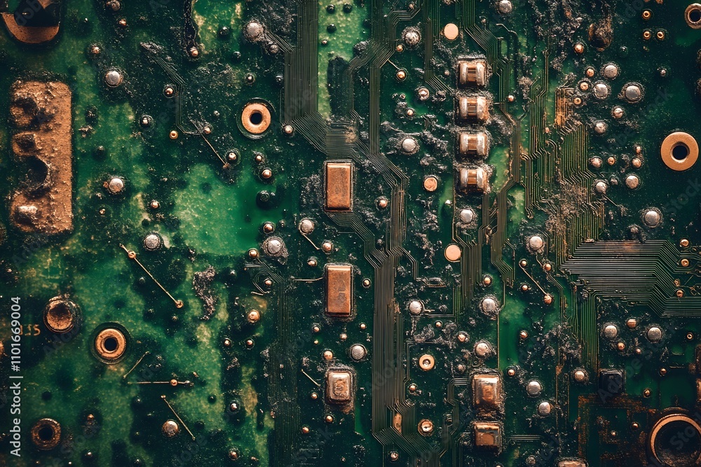 Poster close-up of a circuit board showcasing intricate electronic components and connections.