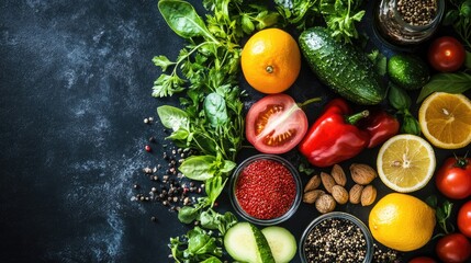 Fresh, colorful vegetables and fruits arranged on a dark background, showcasing ingredients that promote digestive health and support an alkaline diet.