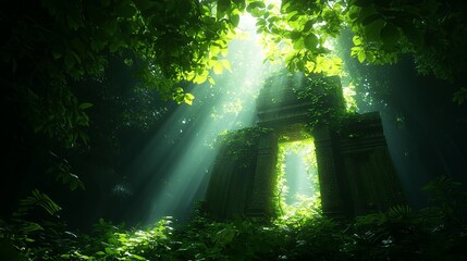 Obraz premium A serene scene of sunlight filtering through lush greenery, illuminating an ancient stone structure amidst dense foliage.