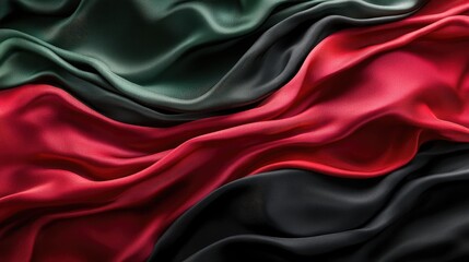 Obraz premium Dynamic flowing fabric in red, black, and green, creating an abstract banner effect with rich textures and ample negative space for customization.