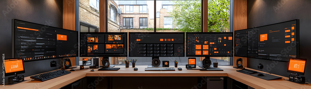 Poster modern home office setup with multiple monitors.