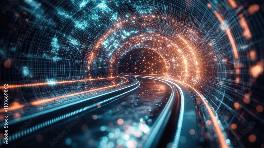 Aufkleber a futuristic tunnel with glowing lines and particles, suggesting advanced technology and movement.