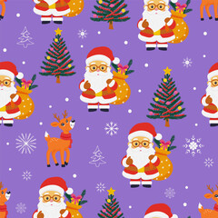 seamless Christmas pattern features Santa Claus with gift bags, decorated Christmas trees, cheerful reindeer, snowflakes, and festive doodles on a purple background.