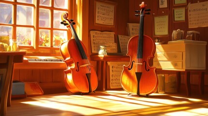 Cozy and Bright Music Room with Two Beautiful Cellos, Sheet Music on Display, and Sunlight Streaming Through the Windows in an Inviting Atmosphere