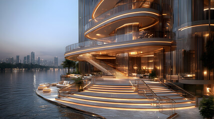 Modern luxury hotel exterior with curved balconies, illuminated steps, and waterfront location.