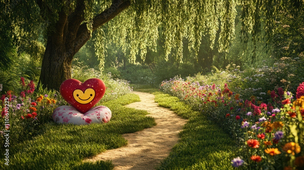 Poster a whimsical garden path lined with wildflowers, with a heart-shaped pillow displaying a fairy tale e