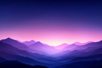 Fototapeta premium A serene landscape of layered mountains under a twilight sky, blending shades of purple and blue, creating a tranquil and mystical atmosphere.