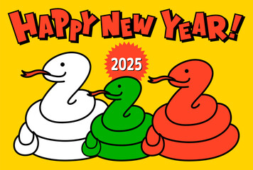 とぐろを巻く親子の3匹のヘビ　カートゥーン調　年賀状素材