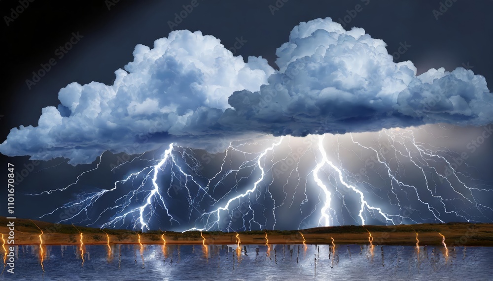 Poster high-quality image of storm clouds with dramatic lightning strikes on a transparent background, perf