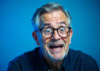 A man with glasses is smiling and looking surprised