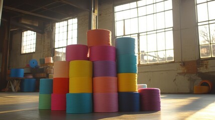 Colorful Stacked Rolls of Craft Supplies in an Industrial Space with Natural Light Streaming Through Large Windows