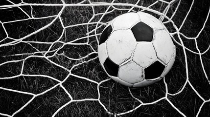 Classic soccer ball nestled in a net on grassy field.