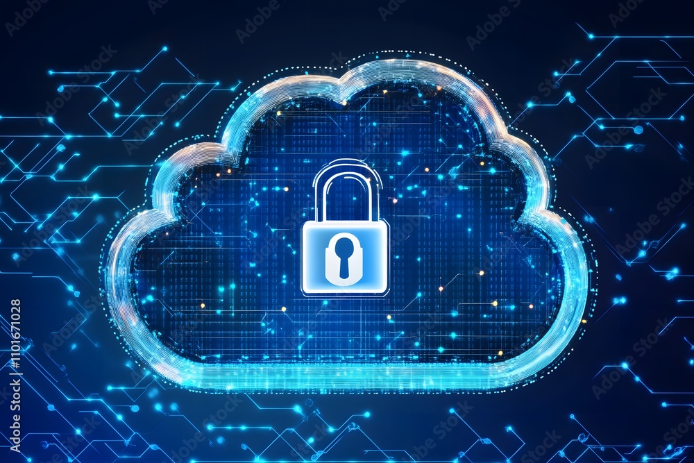 Poster digital cloud with a padlock symbolizing cybersecurity and data protection.
