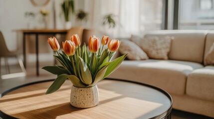 Vibrant tulip bouquet in a textured vase on a wooden coffee table, brightening a stylish minimalistic living room with soft natural light.
