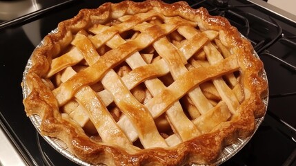 Lattice-topped classic apple pie showcasing fresh apples, golden crust, and a sprinkle of cinnamon, baked to perfection.