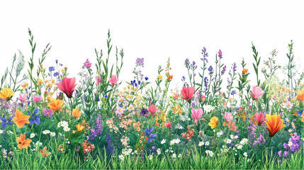 Vibrant Wildflowers Abloom, Colors Dance, Lush Greenery, Nature's Palette, Summer Meadow Bliss, Serene Floral Symphony Isolated on white background or PNG