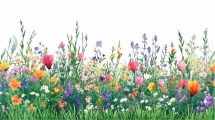 Vibrant Wildflowers Abloom, Colors Dance, Lush Greenery, Nature's Palette, Summer Meadow Bliss, Serene Floral Symphony Isolated on white background or PNG