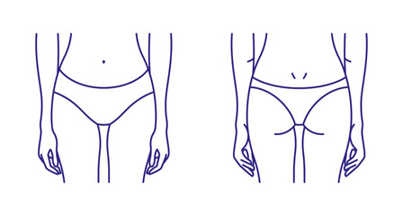 Pants, line icon. Female body shape in pants - front and back sides. Editable stroke, linear illustration.