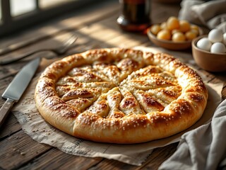 Scrumptious Turkish Ramadan Pide, artfully displayed on a rustic wooden backdrop.