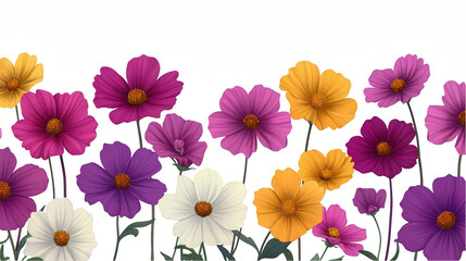 Fototapeta premium Vibrant cosmos flowers, diverse colors, blooms in harmonious natural array, green stems, white background, serene beauty Isolated on white background or PNG