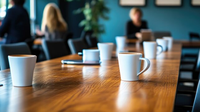 Conference room with a polished wooden table, multiple coffee cups arranged neatly, and blurred figures engaged in conversation in the background. - Powered by Adobe