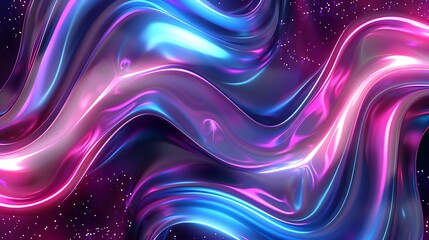 A vibrant, flowing abstract design featuring waves of pink and blue hues against a starry background.