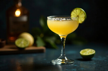 Glass of margarita on dark background. Drink photo bar restaurant. AI Generative