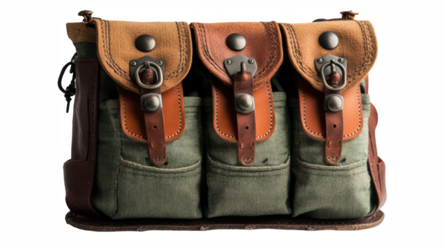 Vintage canvas bag, rugged leather trim, three front pockets, buckle closures, earthy tones, retro adventure style Isolated on white background or PNG