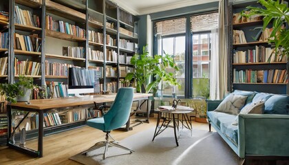 Elegant and stylish home office or library featuring custom-built bookshelves, cozy seating arrangements, natural lighting, and a sophisticated design ideal for productivity and relaxation.
