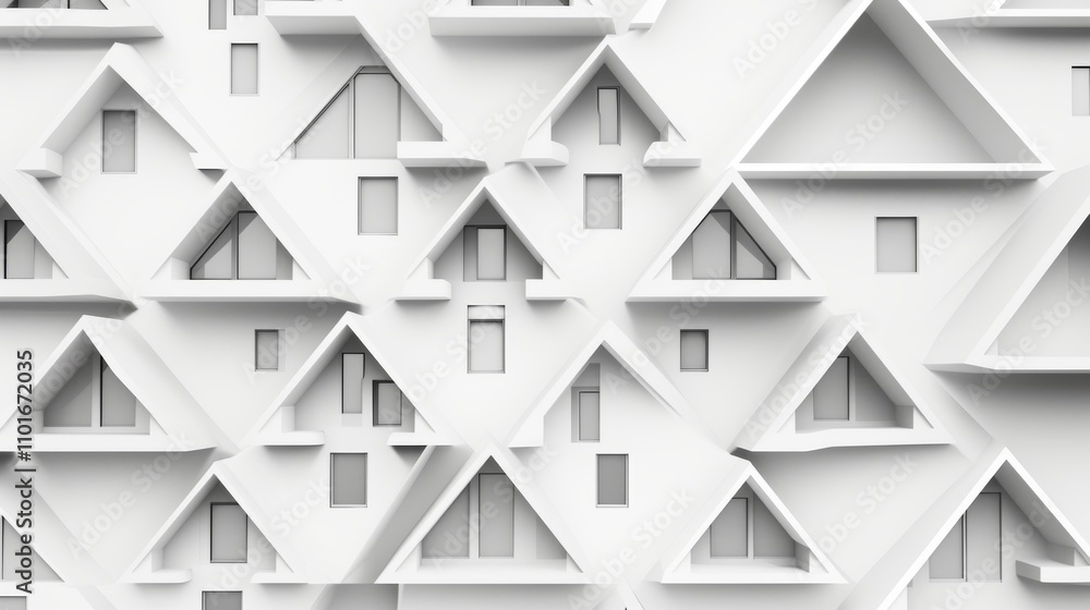 Poster Abstract architectural design featuring rows of repeating triangular house-like shapes in a clean, white color. The geometric arrangement emphasizes modernism and simplicity, creating a futuristic and