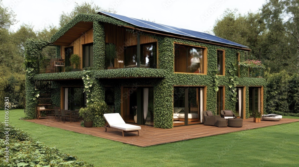 Poster green building practices visualized with holographic overlays of solar panels and eco-efficient desi