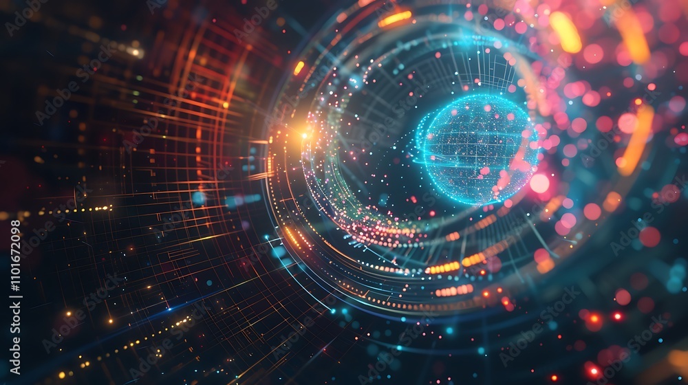 Poster a vibrant digital representation of interconnected data and energy, symbolizing technology and infor