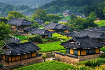 Korean village houses, green rice paddies, hills.