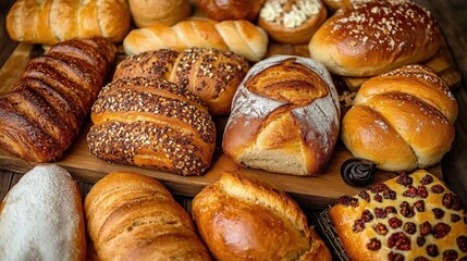 Display of Assorted Artisan Breads and Pastries on a Rustic Bakery Shelf Featuring Golden Loaves, Twisted Rolls, and Sweet Pastries with Toppings