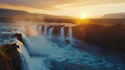 beautiful waterfall in soft sunset light, panorama view