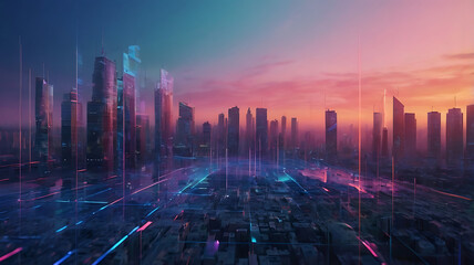 Futuristic Cityscape at Sunset with Digital Streams, vibrant city at sunset, high-tech urban environment, skyscrapers and technology, glowing digital streams.