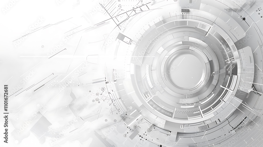 Poster a futuristic abstract design featuring circular patterns and geometric shapes in shades of white and