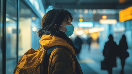 A person wearing a mask stands in a busy, softly lit environment, contemplating their surroundings.
