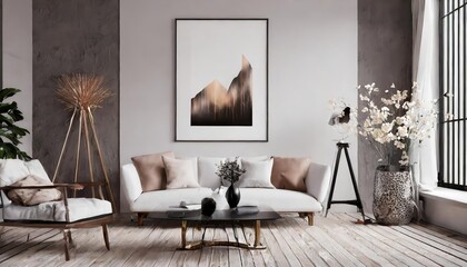 Stylish and elegant modern living room interior featuring a bold abstract frame poster as the focal point, designed in a contemporary D render with cozy furniture and chic dÃ©cor accents.