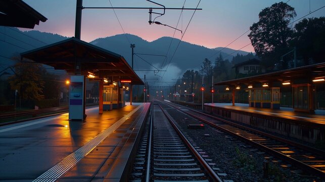 Empty train station with glowing platforms and distant mountains under a colorful dawn sky