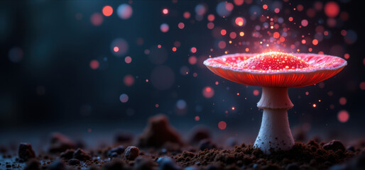 A vibrant, digitally enhanced mushroom with glowing spores set against a dark background.