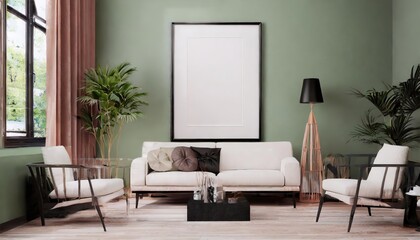 Elegant and Stylish Living Room Interior Featuring an Abstract Frame Poster, Modern Minimalist Furniture, and D Rendered Contemporary Design Aesthetic for Chic Home Decor Inspiration