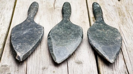 Close-up of ancient stone tools, sharp flint knives, and polished axes on a weathered wooden surface, symbolizing prehistoric craftsmanship and the dawn of human ingenuity.