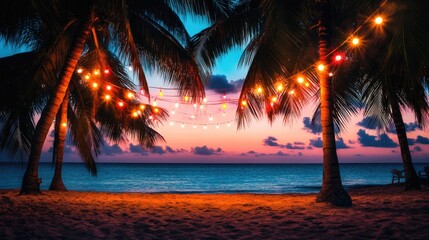 Beach party background, tropical decorations, palm trees with lights, festive beach scene