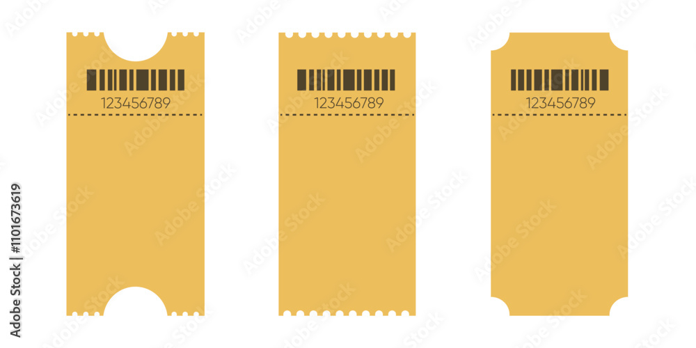Poster set of three blank ticket templates with barcodes on a white background.
